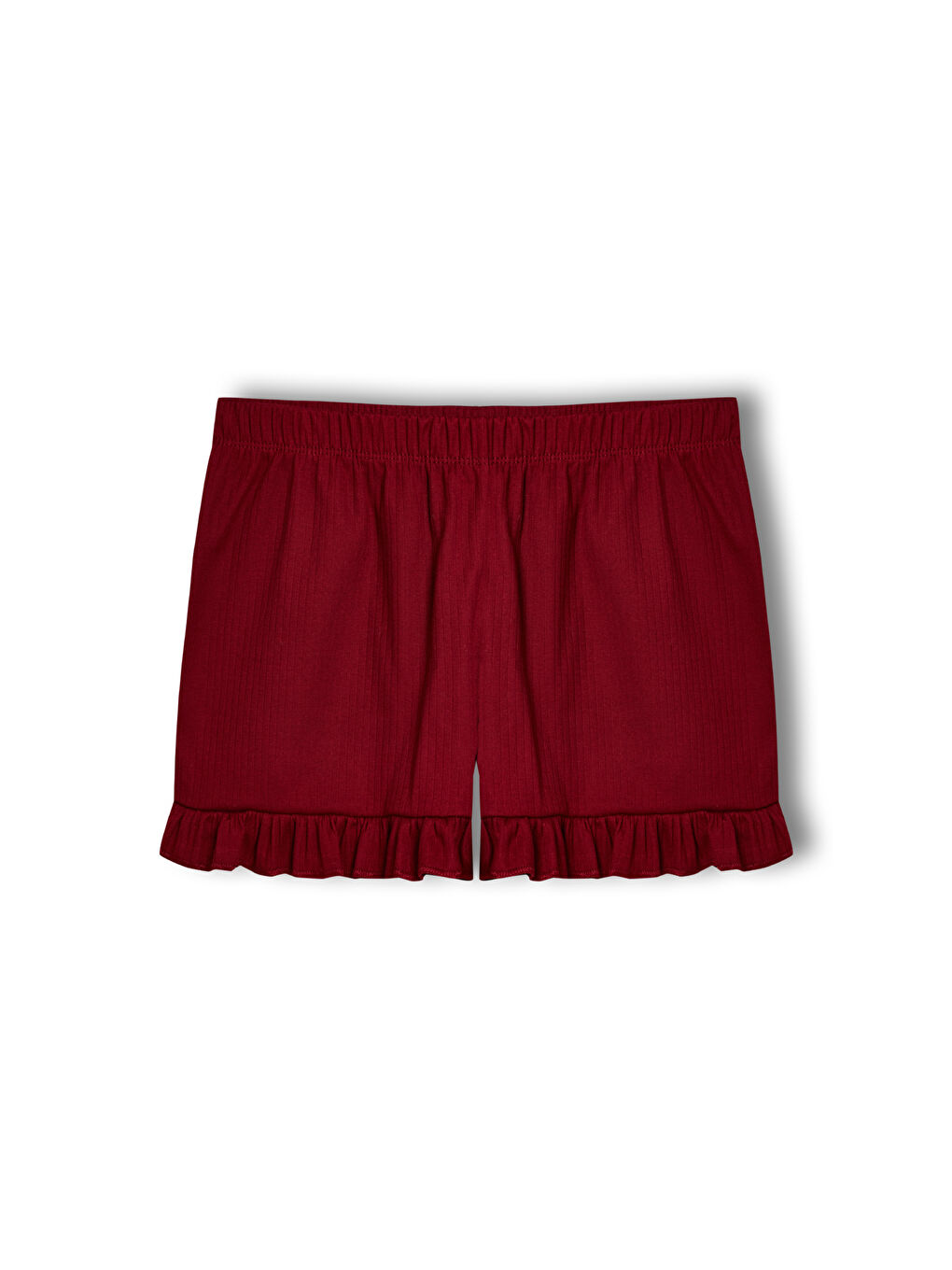 HNX Bordo Pamuklu Fitilli Fırfırlı İnce Askılı Crop ve  Şort Kadın Pijama Takımı - 2