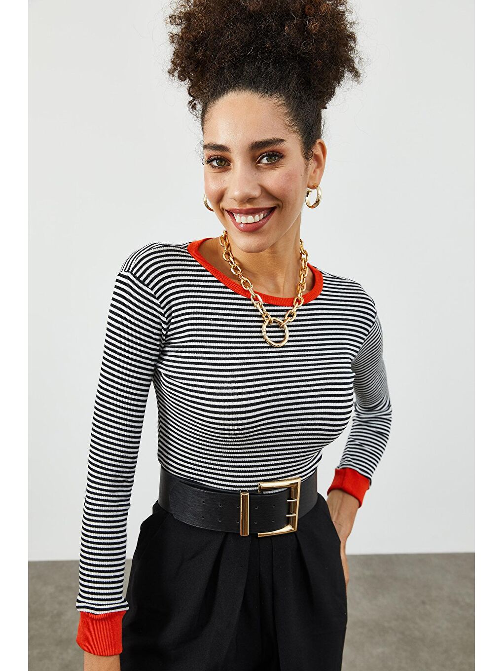 Turuncu Bisiklet Yaka Çizgili Kaşkorse Bluz 2KXK2-45846-11-2