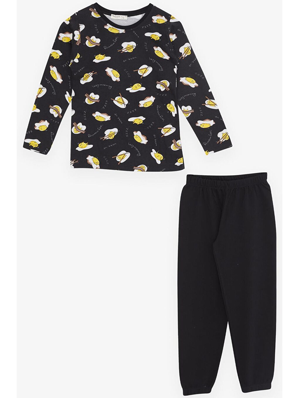 Kız Çocuk Pijama Takımı Tembel Yumurtacık Desenli Siyah (6 Yaş)