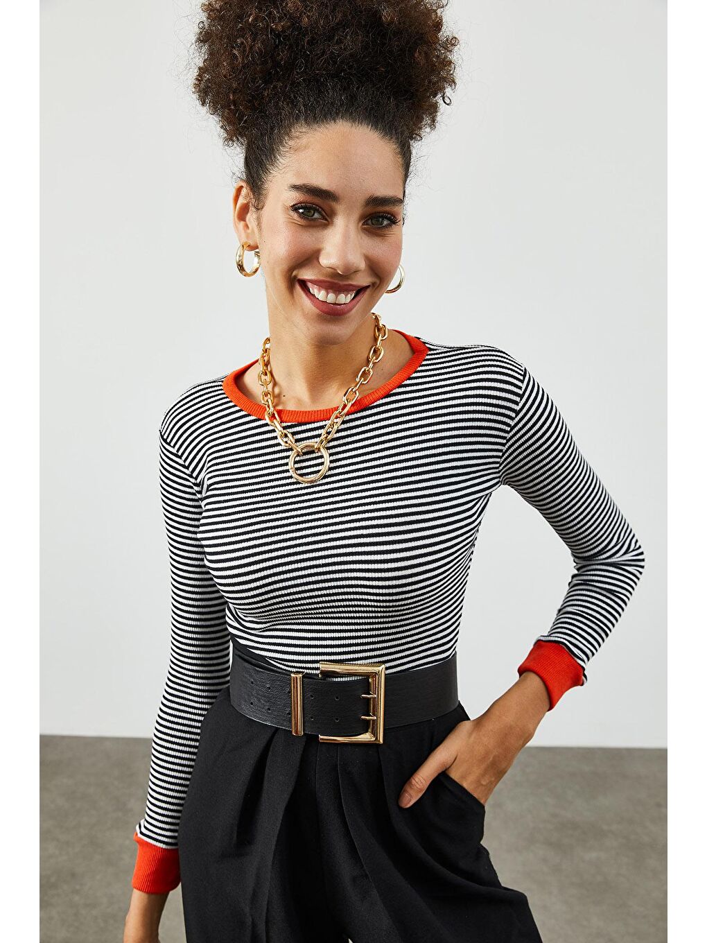 Turuncu Bisiklet Yaka Çizgili Kaşkorse Bluz 2KXK2-45846-11-3