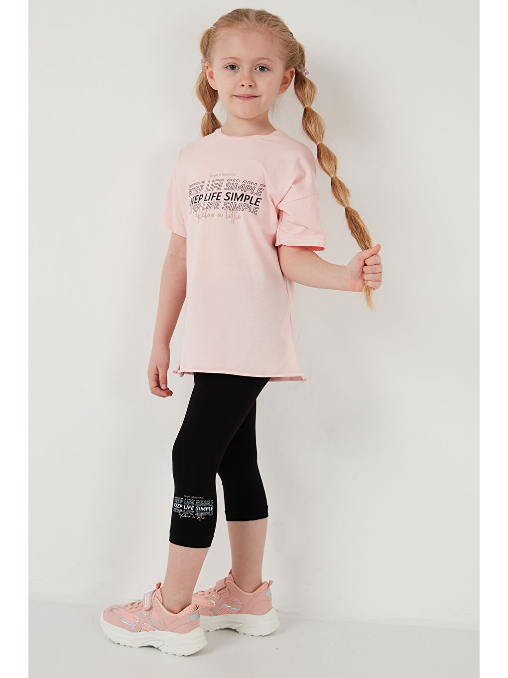 Pembe Pamuklu Bisiklet Yaka Kısa Kollu Taytlı Alt-Üst Kız Çocuk Takım 6212007-5