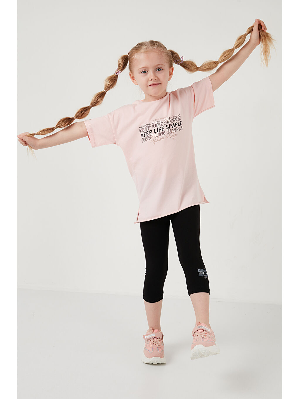 Pembe Pamuklu Bisiklet Yaka Kısa Kollu Taytlı Alt-Üst Kız Çocuk Takım 6212007-7