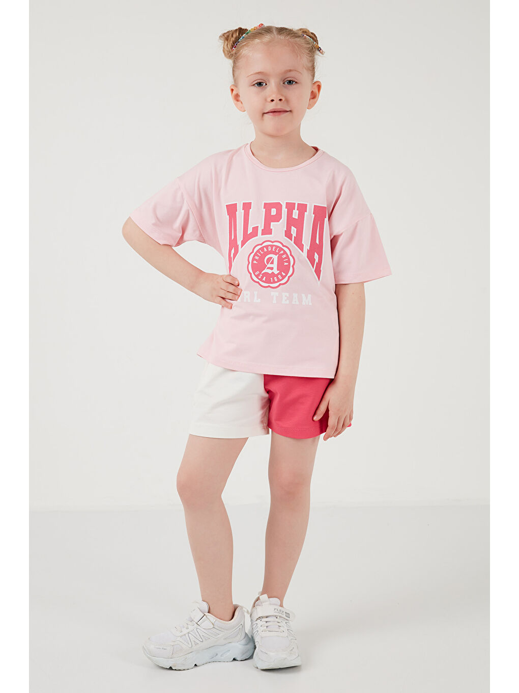Pembe Pamuklu Baskılı Bisiklet Yaka Şortlu Alt-Üst Kız Çocuk Takım 6212006-5