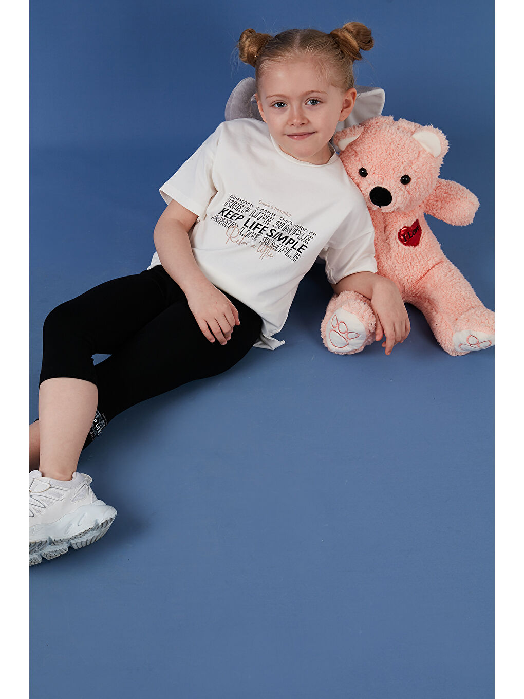 Ekru Pamuklu Bisiklet Yaka Kısa Kollu Taytlı Alt-Üst Kız Çocuk Takım 6212007-5