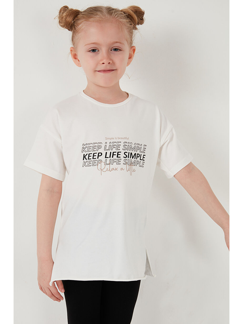 Ekru Pamuklu Bisiklet Yaka Kısa Kollu Taytlı Alt-Üst Kız Çocuk Takım 6212007-6