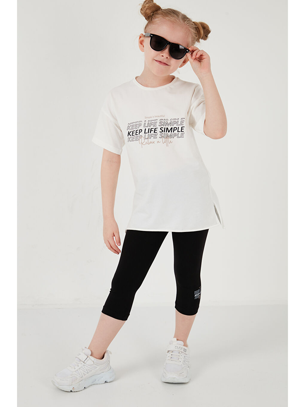 Ekru Pamuklu Bisiklet Yaka Kısa Kollu Taytlı Alt-Üst Kız Çocuk Takım 6212007-7