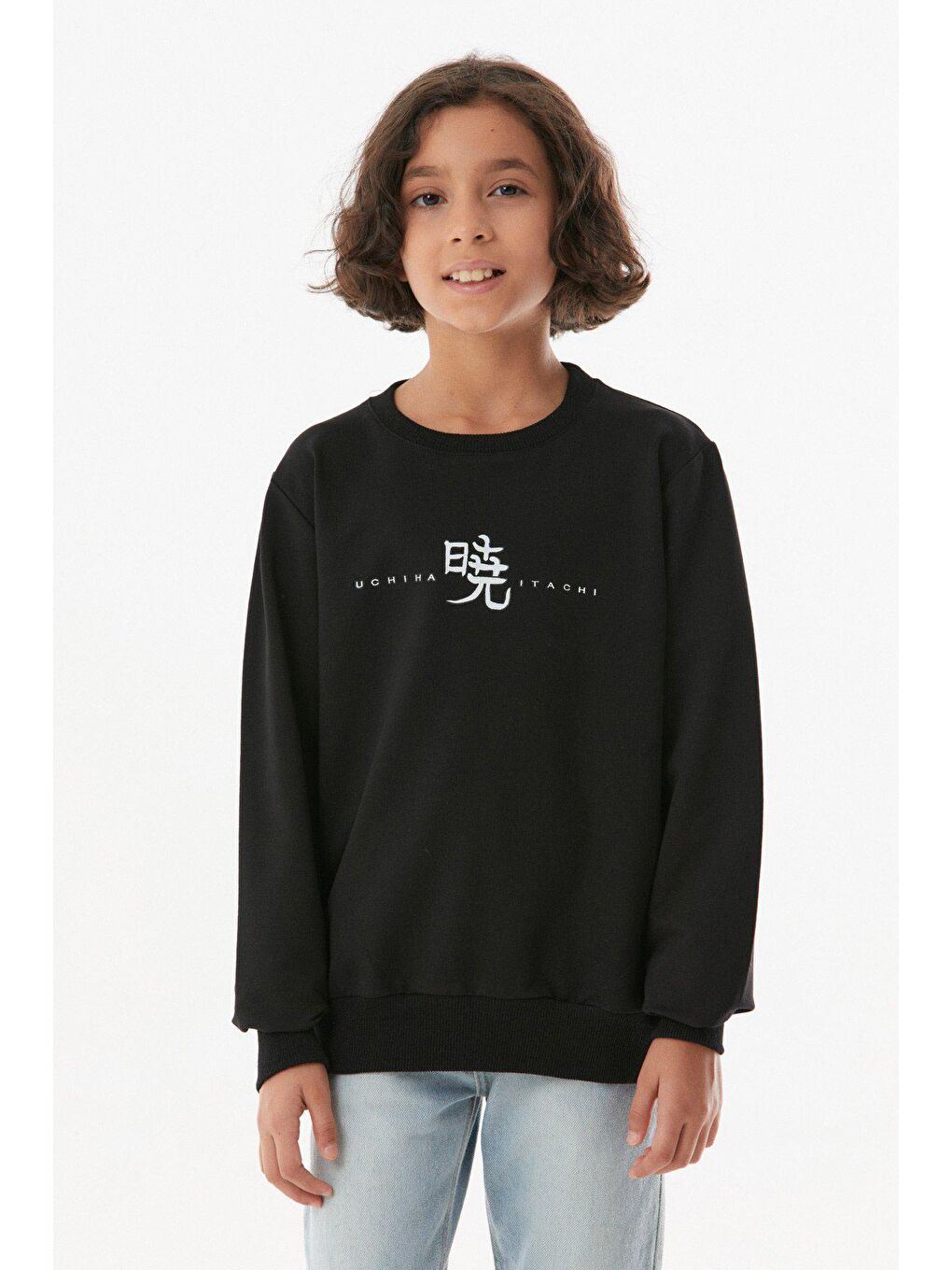 Siyah Baskılı Bisiklet Yaka Kız Çocuk Sweatshirt