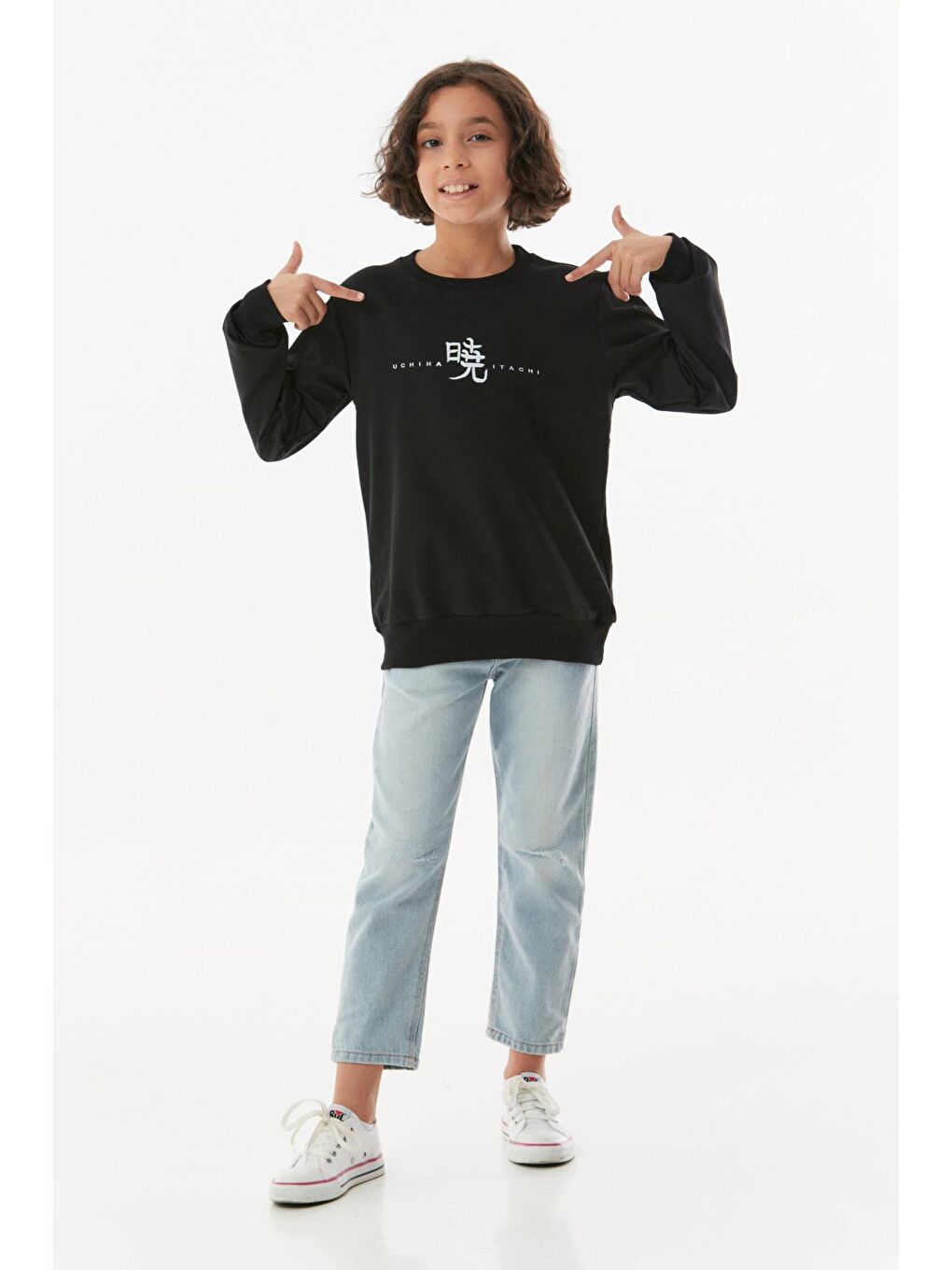 Siyah Baskılı Bisiklet Yaka Kız Çocuk Sweatshirt-1