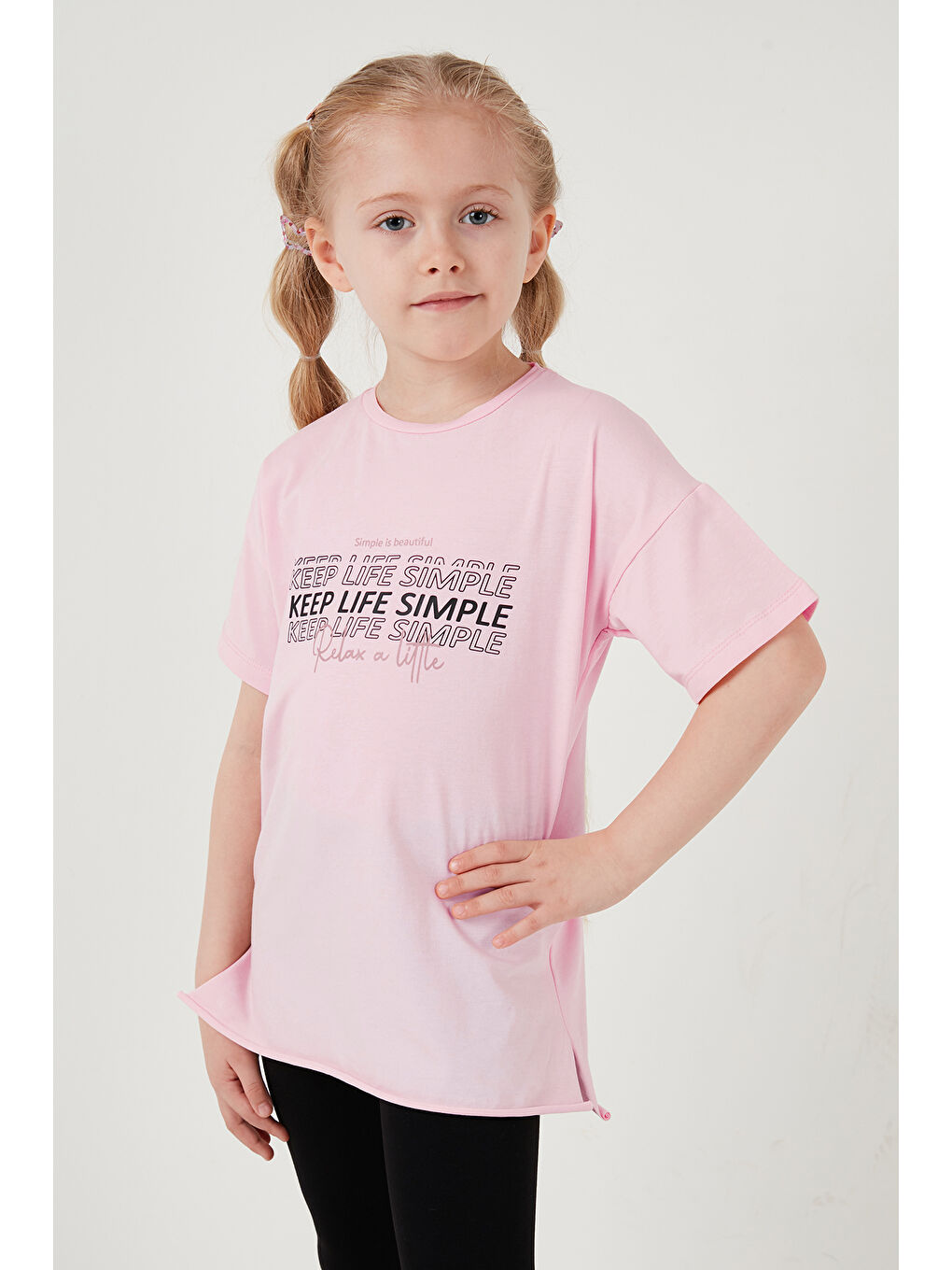 Pembe Pamuklu Bisiklet Yaka Kısa Kollu Taytlı Alt-Üst Kız Çocuk Takım 6212007-5