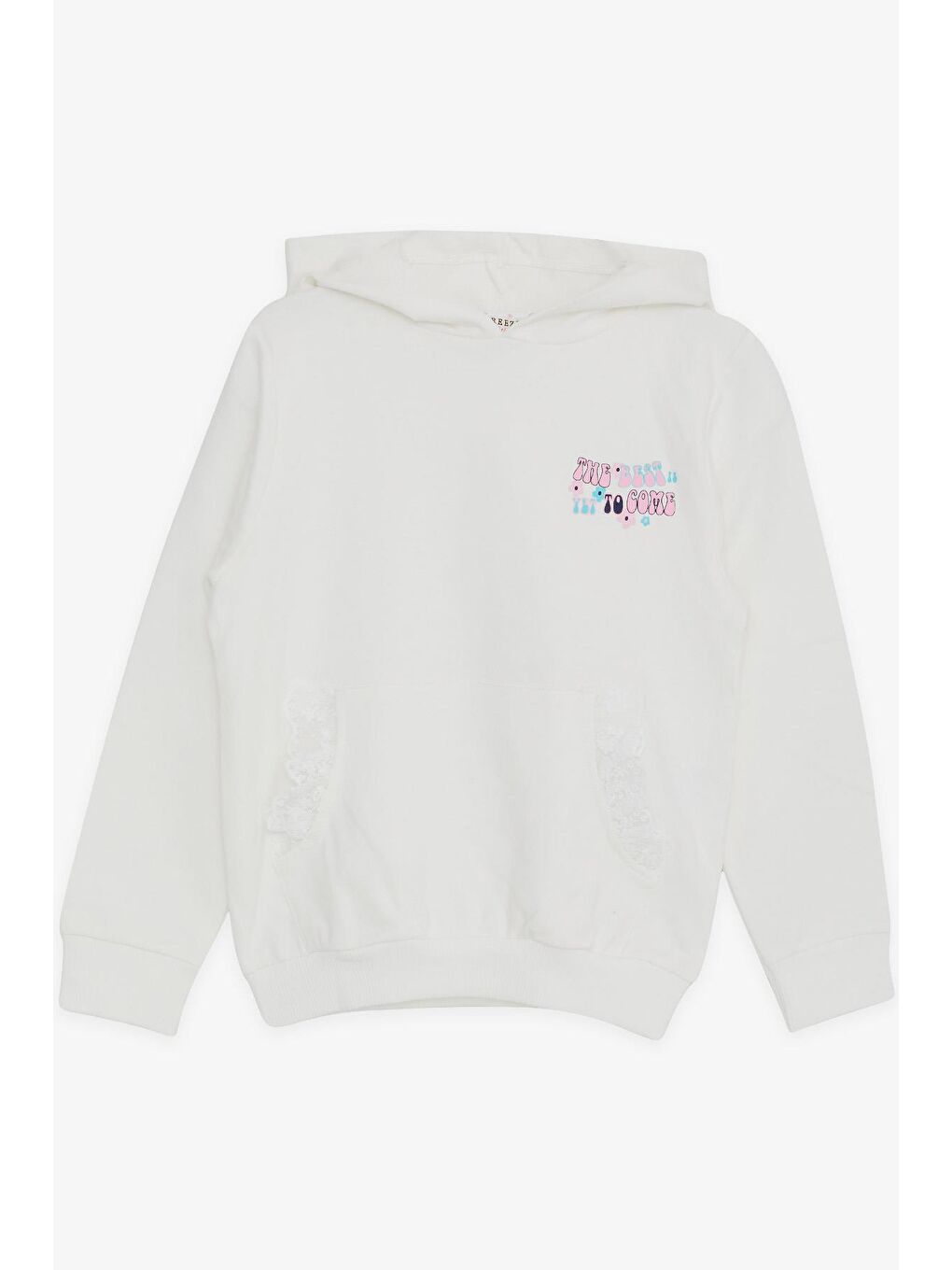 Kız Çocuk Sweatshirt Kanguru Cepli Yazı Baskılı Güpürlü Ekru (3-8 Yaş)