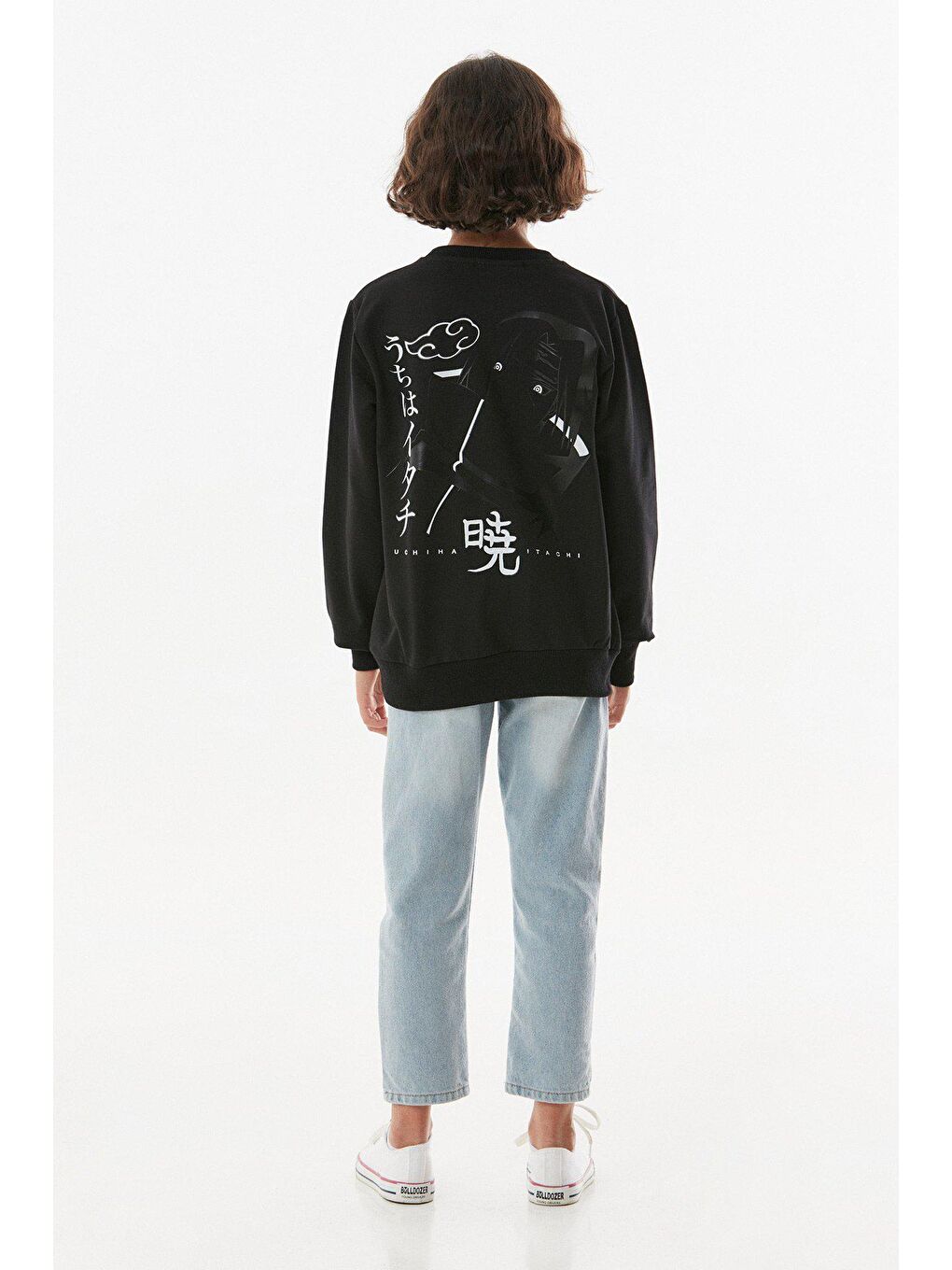 Siyah Baskılı Bisiklet Yaka Kız Çocuk Sweatshirt-3