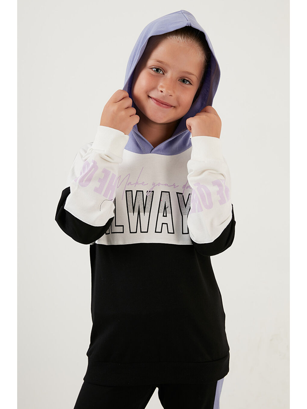 Lila Baskılı Kapüşonlu Cepli % 100 Pamuk Kız Çocuk Takım 59210415-5