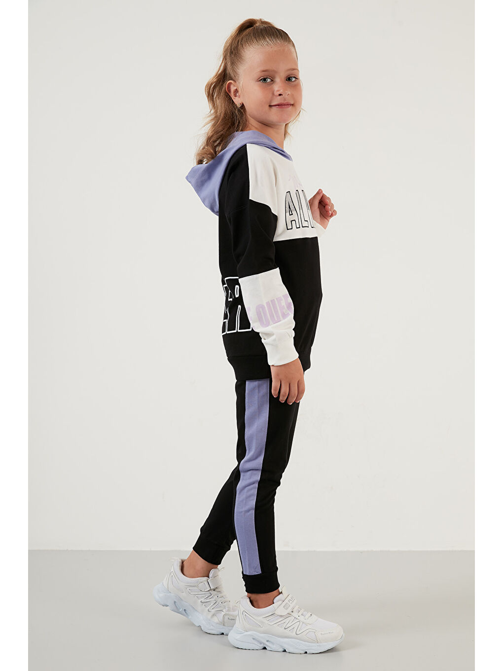 Lila Baskılı Kapüşonlu Cepli % 100 Pamuk Kız Çocuk Takım 59210415-6