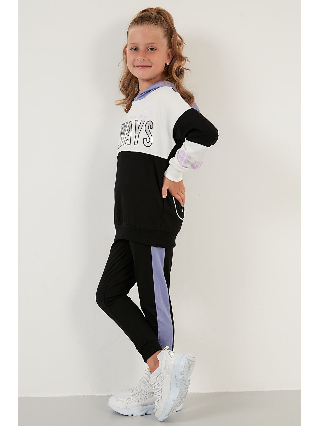 Lila Baskılı Kapüşonlu Cepli % 100 Pamuk Kız Çocuk Takım 59210415-7