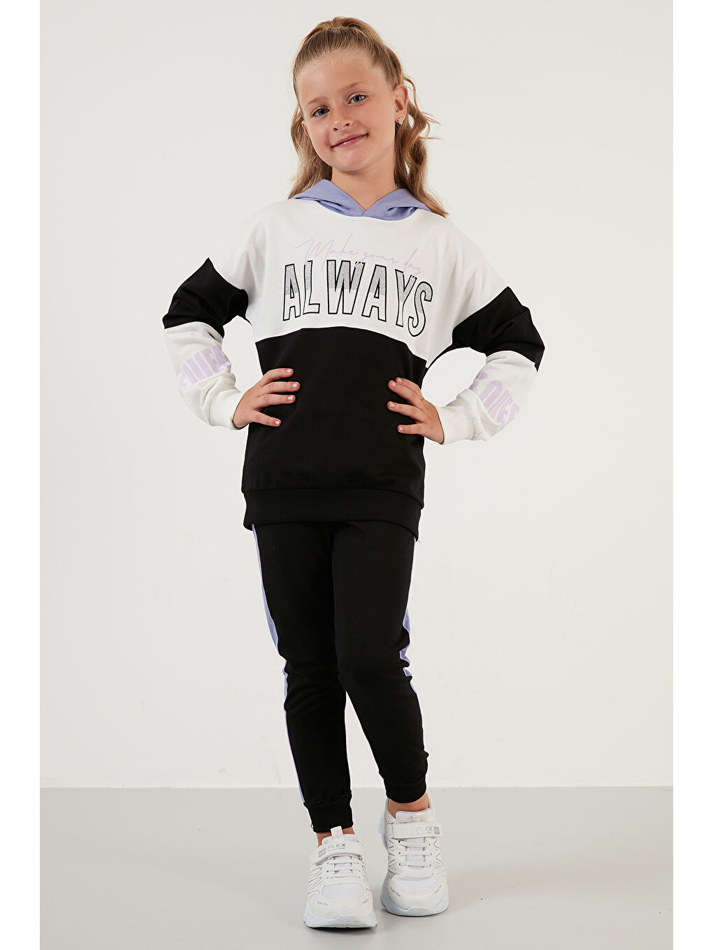 Lila Baskılı Kapüşonlu Cepli % 100 Pamuk Kız Çocuk Takım 59210415-8