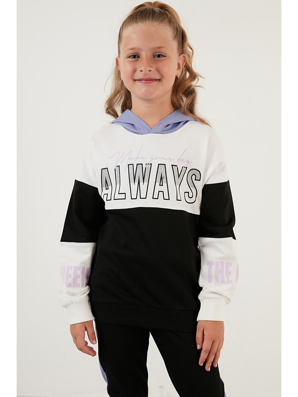 Lila Baskılı Kapüşonlu Cepli % 100 Pamuk Kız Çocuk Takım 59210415-9