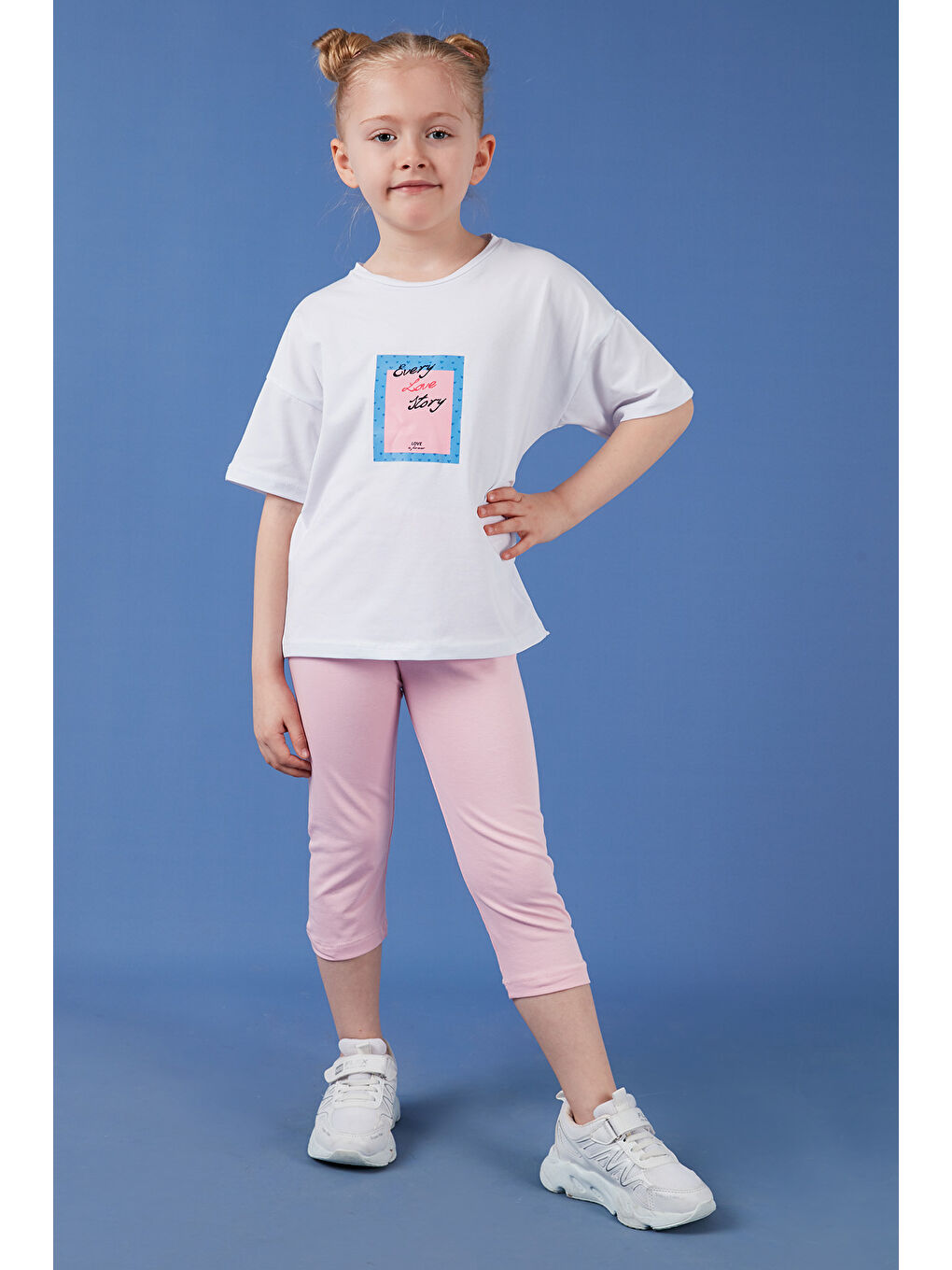 Beyaz Pamuklu Bisiklet Yaka Kısa Kollu Taytlı Alt-Üst Kız Çocuk Takım 6212005-5