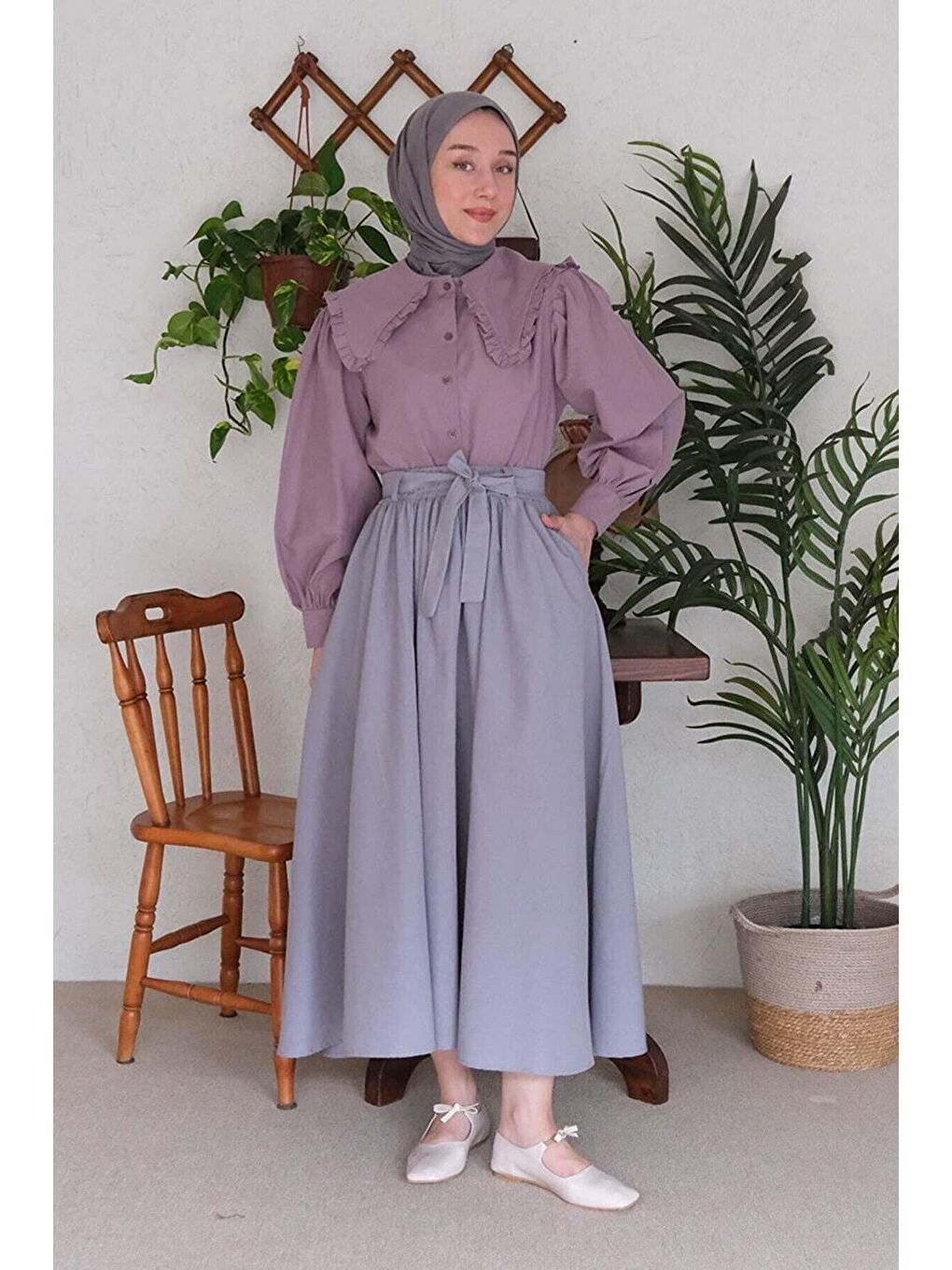 Soft Mor Yakası Fırfırlı Gömlek-4