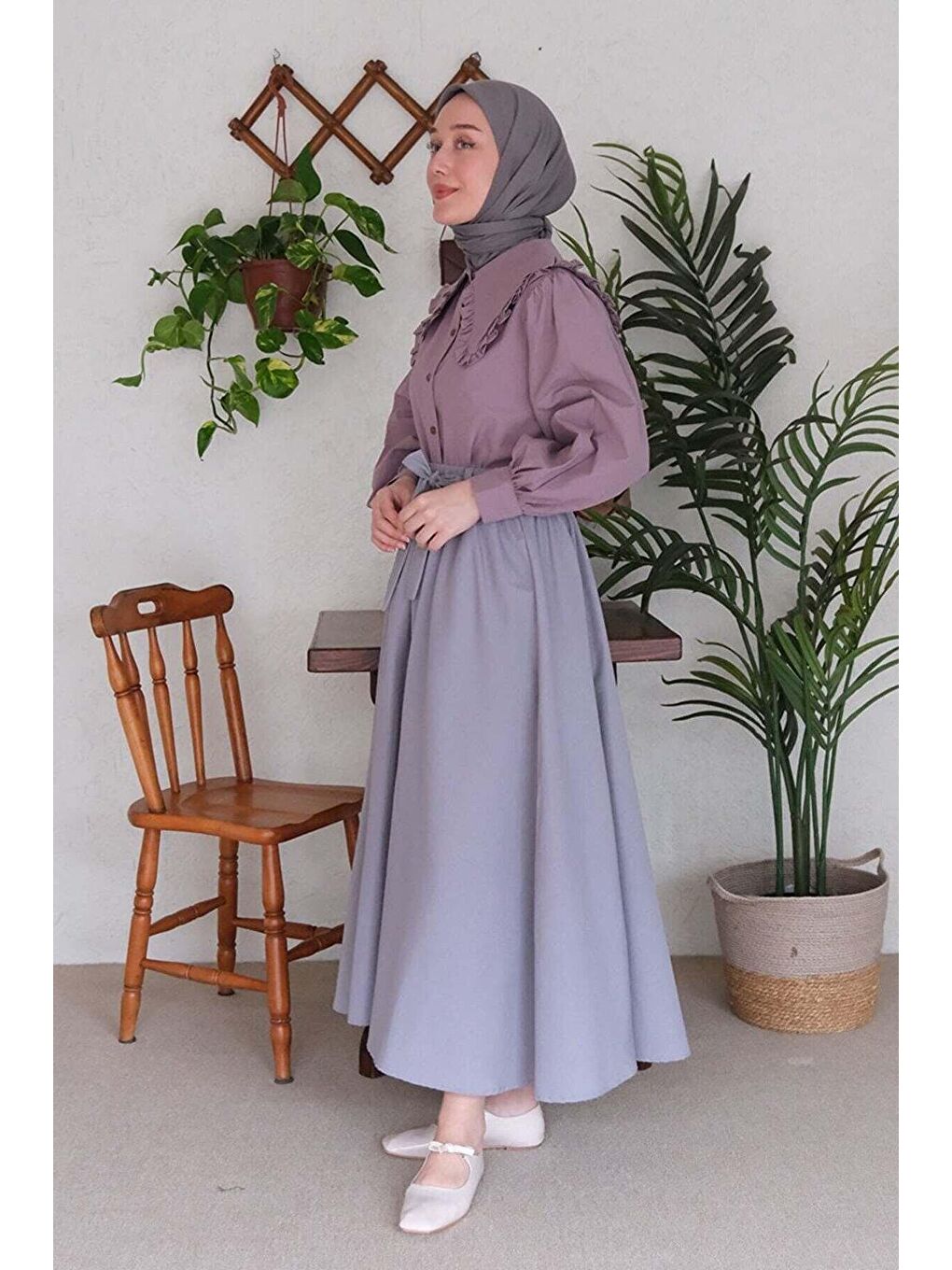 Soft Mor Yakası Fırfırlı Gömlek-5