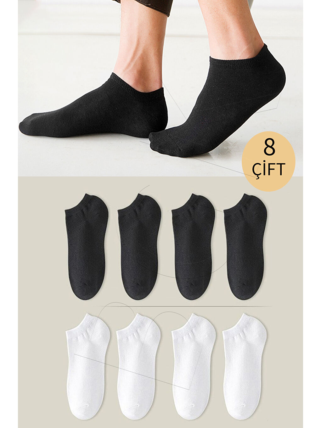 Siyah Unisex Basic Patik Çorap 8 Çift
