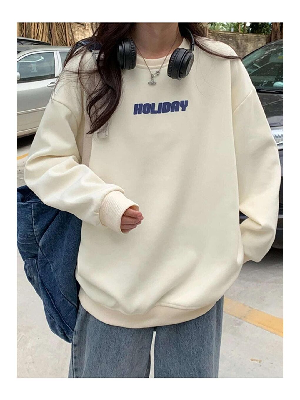 Trendseninle Ekru Kadın Ekru Holiday Baskılı Oversize Sweatshirt