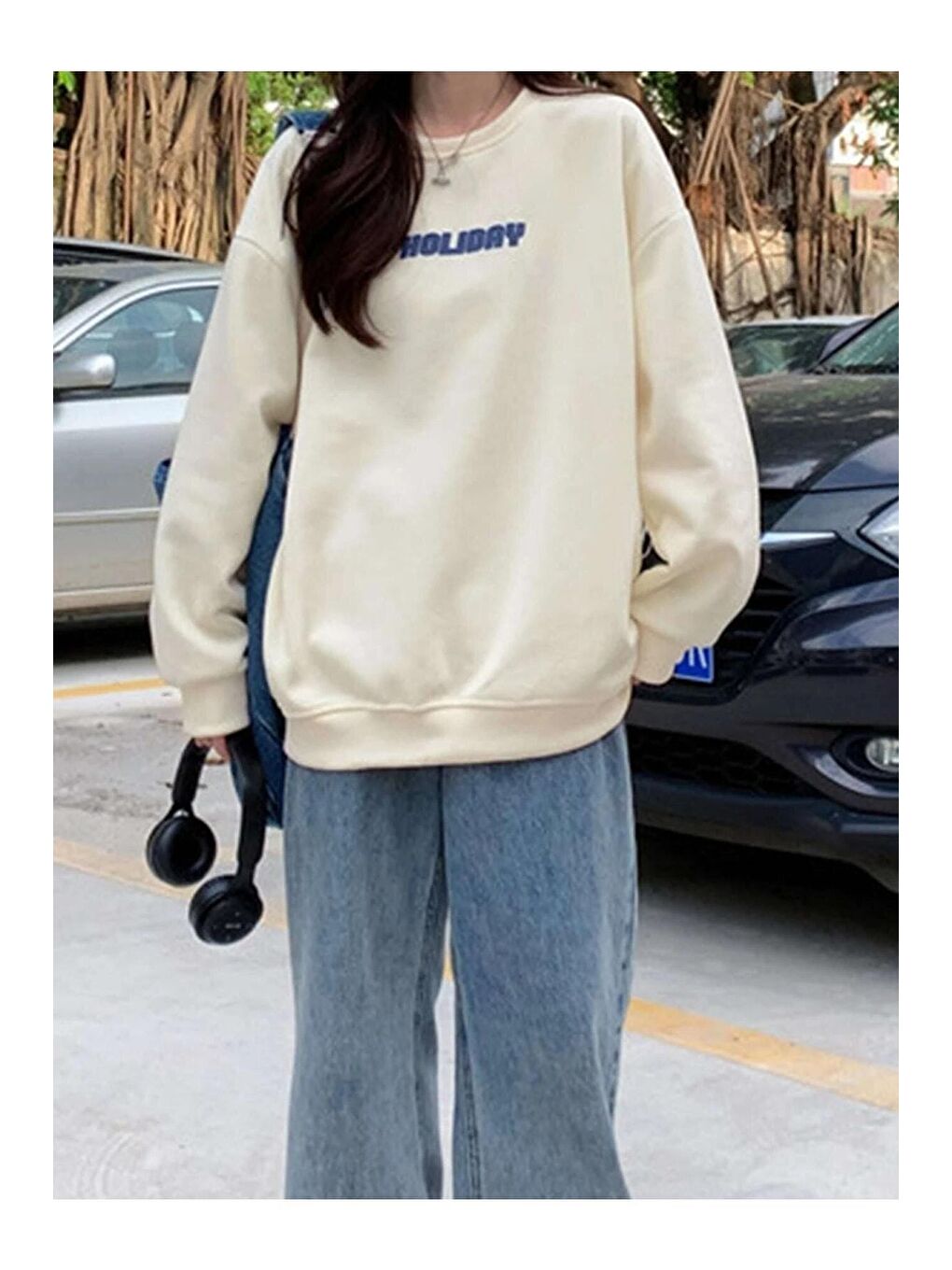 Trendseninle Ekru Kadın Ekru Holiday Baskılı Oversize Sweatshirt - 2