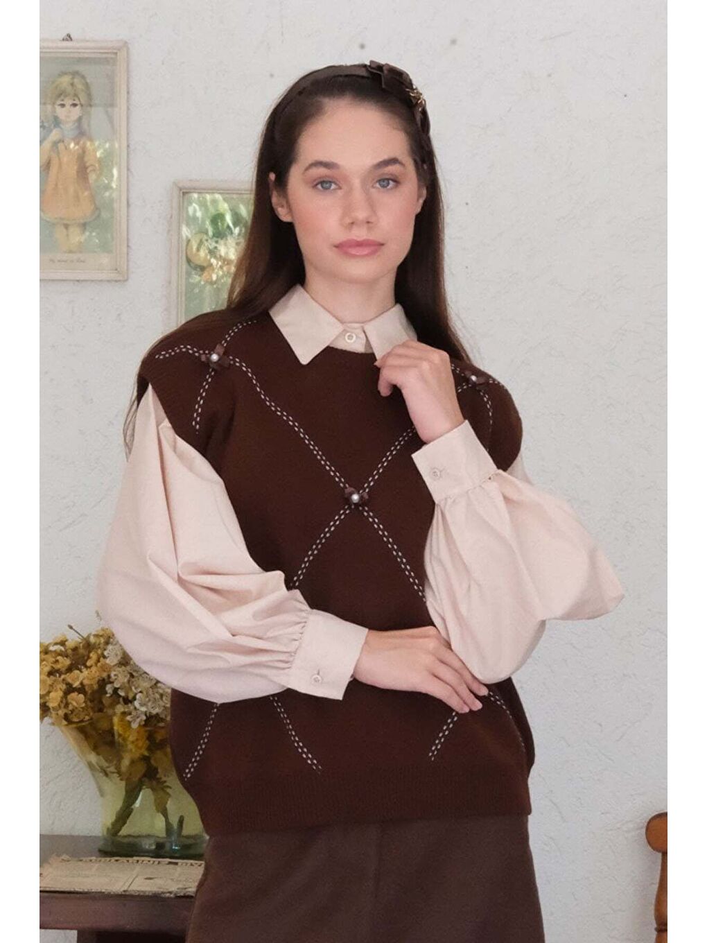 Kahverengi Acı Kahve Fiyonk İşlemeli Süveter-3