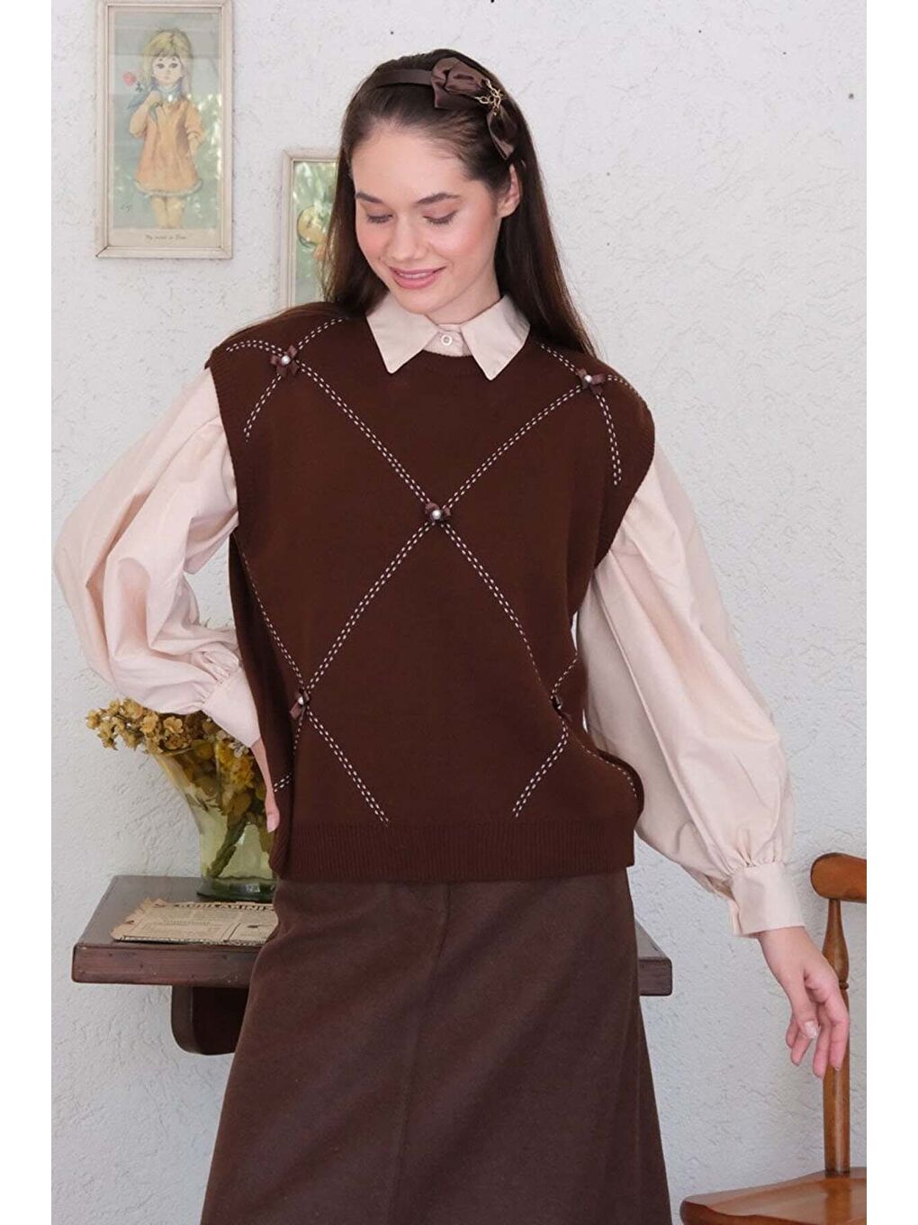 Kahverengi Acı Kahve Fiyonk İşlemeli Süveter-5