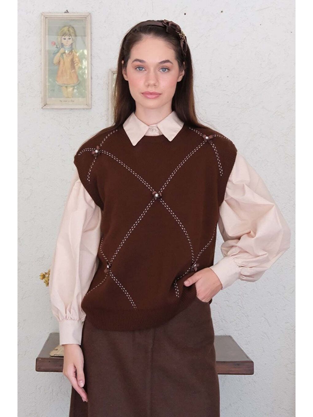 Kahverengi Acı Kahve Fiyonk İşlemeli Süveter-6