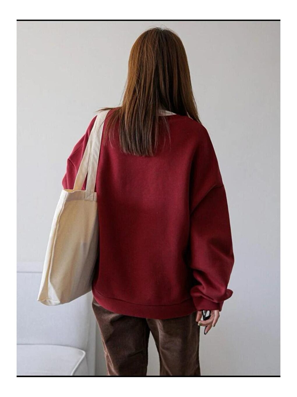 Trendseninle Bordo Kadın BORDO Vacation Joy Wake Baskılı Oversize Bisiklet Yaka Sweatshirt - 1