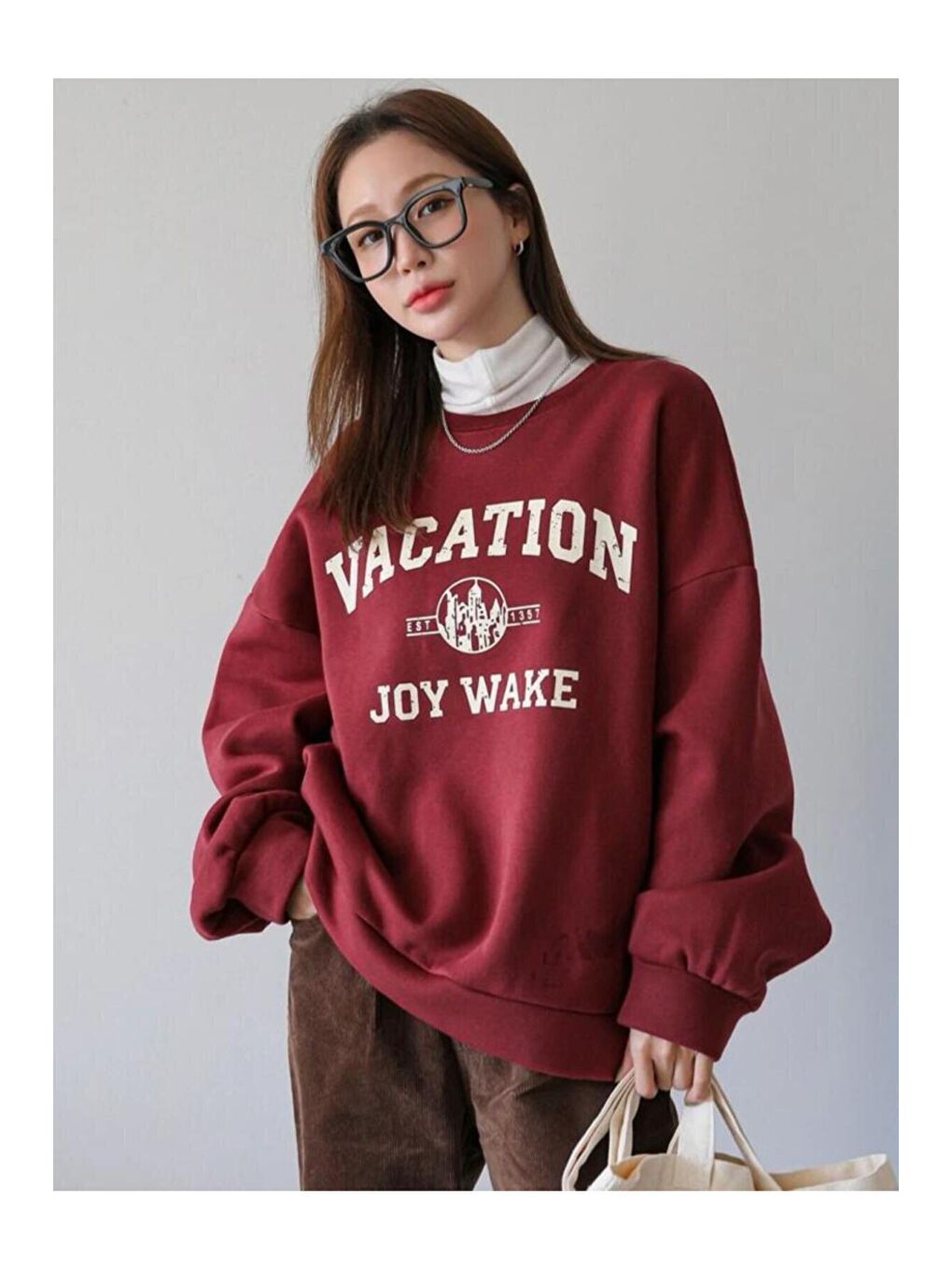 Trendseninle Bordo Kadın BORDO Vacation Joy Wake Baskılı Oversize Bisiklet Yaka Sweatshirt - 2