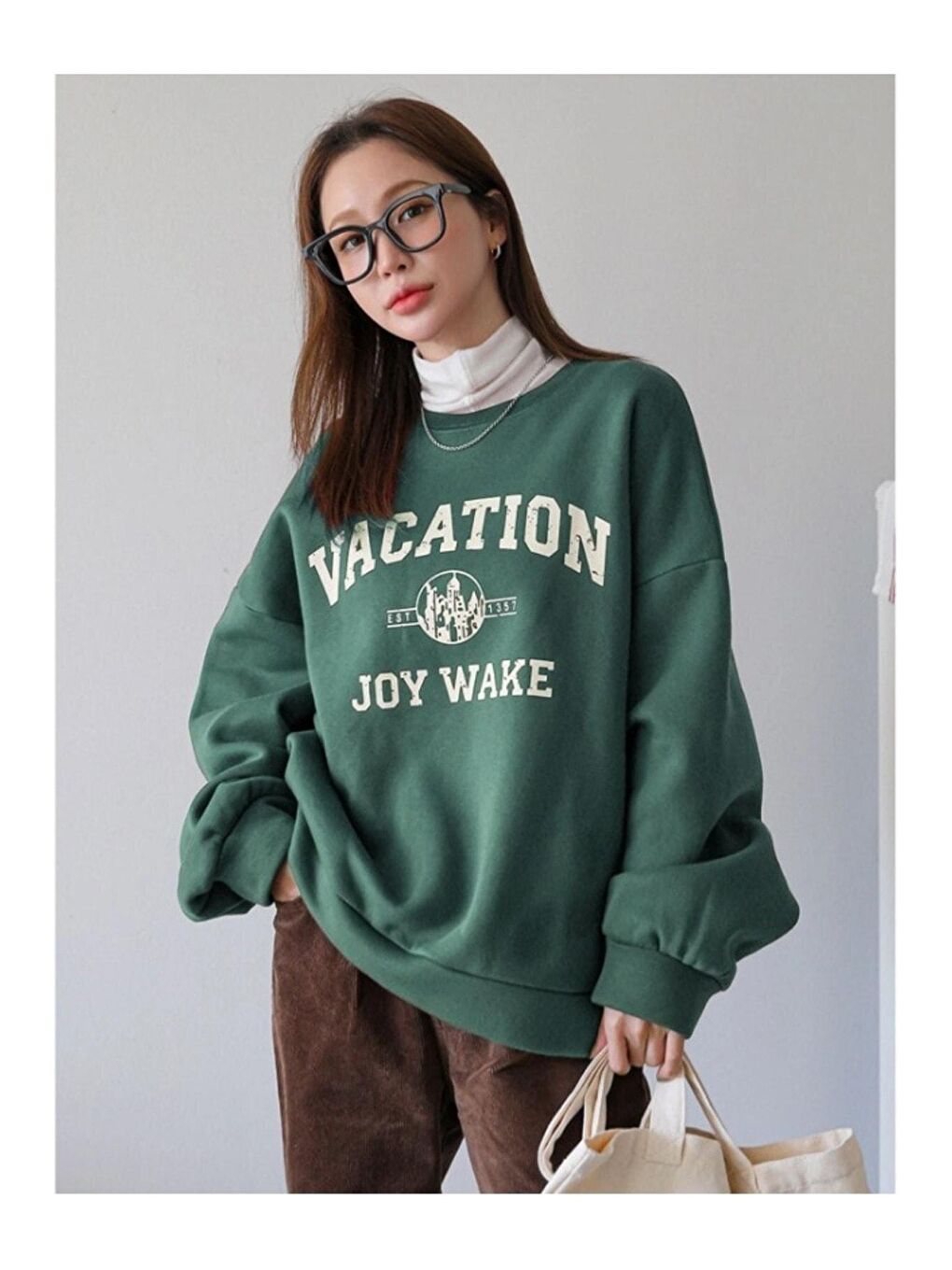 Trendseninle Yeşil Kadın YEŞİL Vacation Joy Wake Baskılı Oversize Bisiklet Yaka Sweatshirt - 2