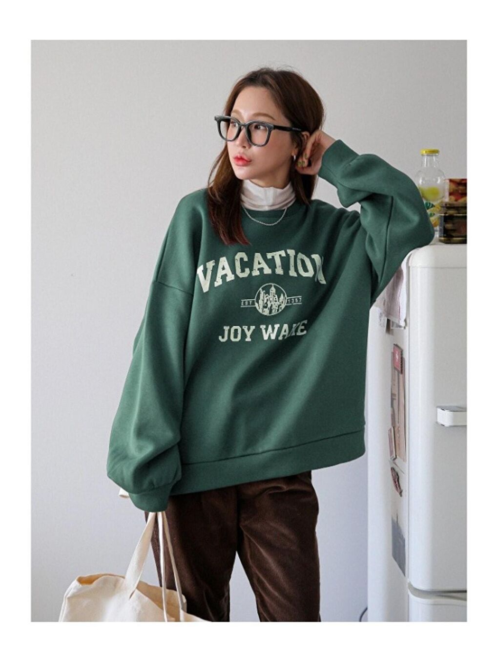 Trendseninle Yeşil Kadın YEŞİL Vacation Joy Wake Baskılı Oversize Bisiklet Yaka Sweatshirt - 4