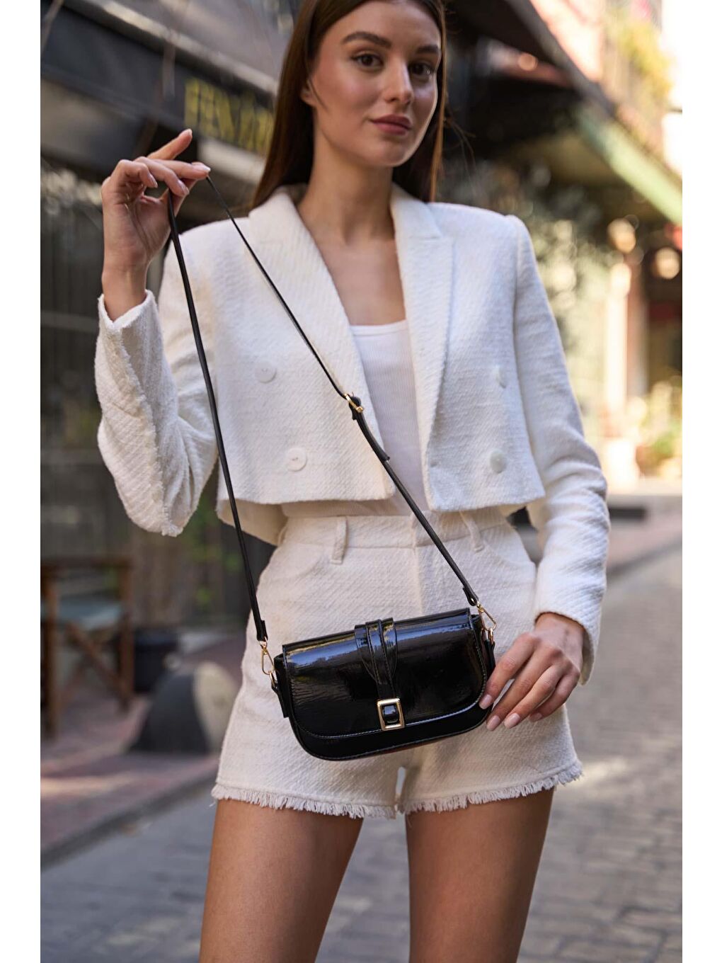 Alina Tokalı Çapraz Askılı Kadın Çanta - Siyah Rugan-1