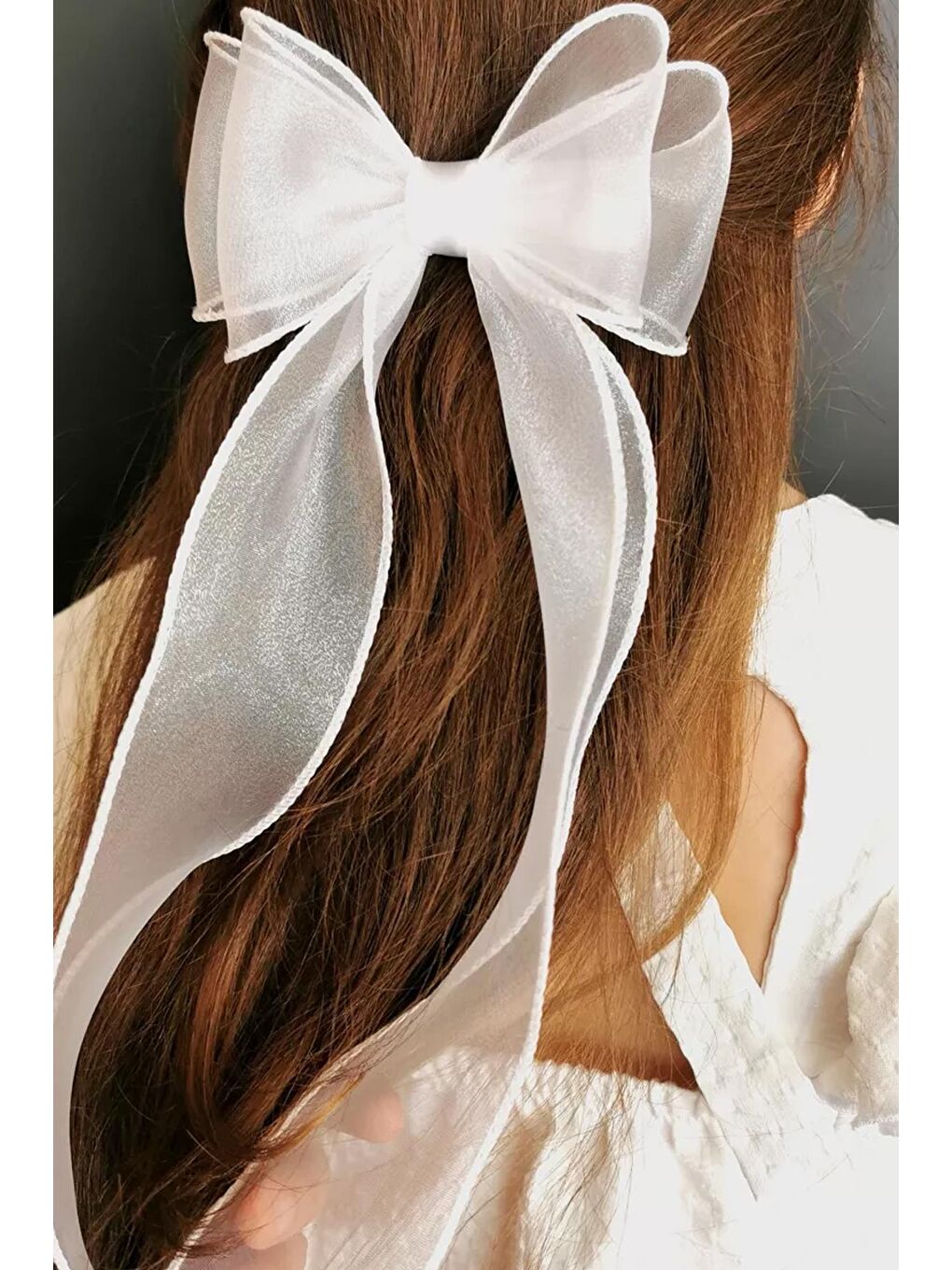 Beyaz Alice Uzun Tül Fiyonklu Toka-3