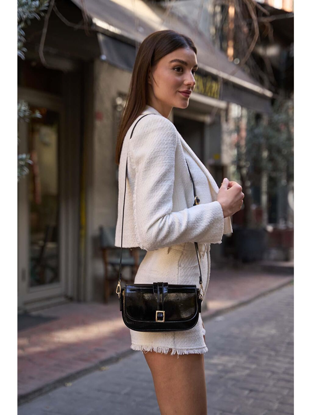 Alina Tokalı Çapraz Askılı Kadın Çanta - Siyah Rugan-4