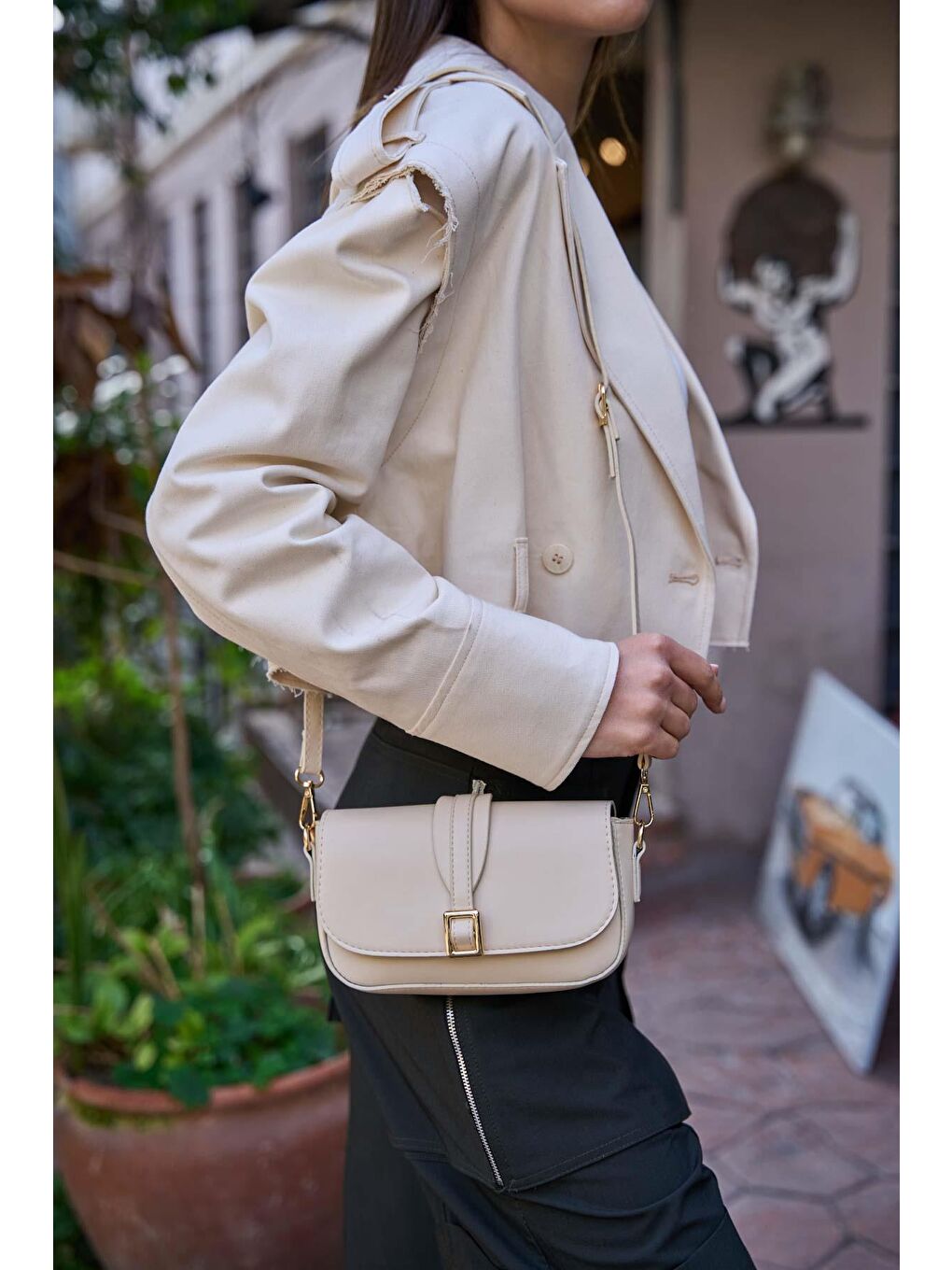Ekru Alina Tokalı Çapraz Askılı Kadın Çanta - Krem-1