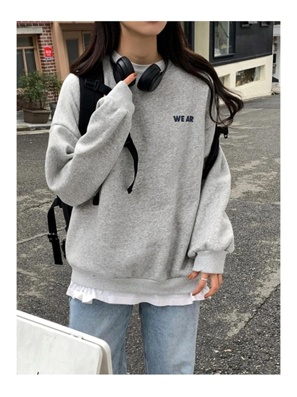 Trendseninle Gri Kadın GRİ We Ar Baskılı Oversize Bisiklet Yaka Sweatshirt