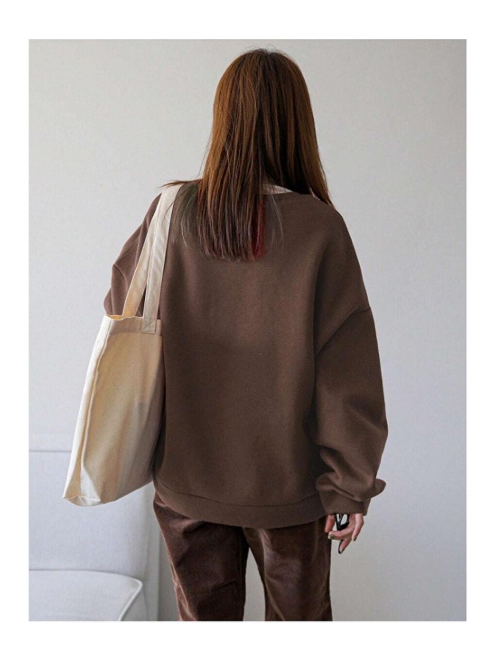 Trendseninle Kahverengi Kadın KAHVERENGİ Vacation Joy Wake Baskılı Oversize Bisiklet Yaka Sweatshirt - 1