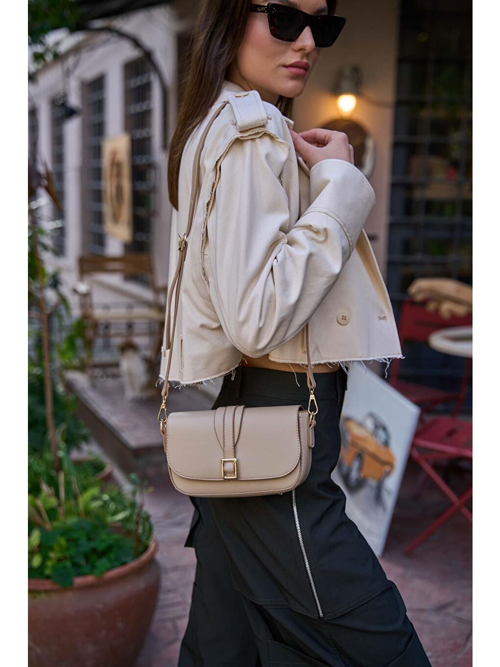 Bej Alina Tokalı Çapraz Askılı Kadın Çanta - Vizon