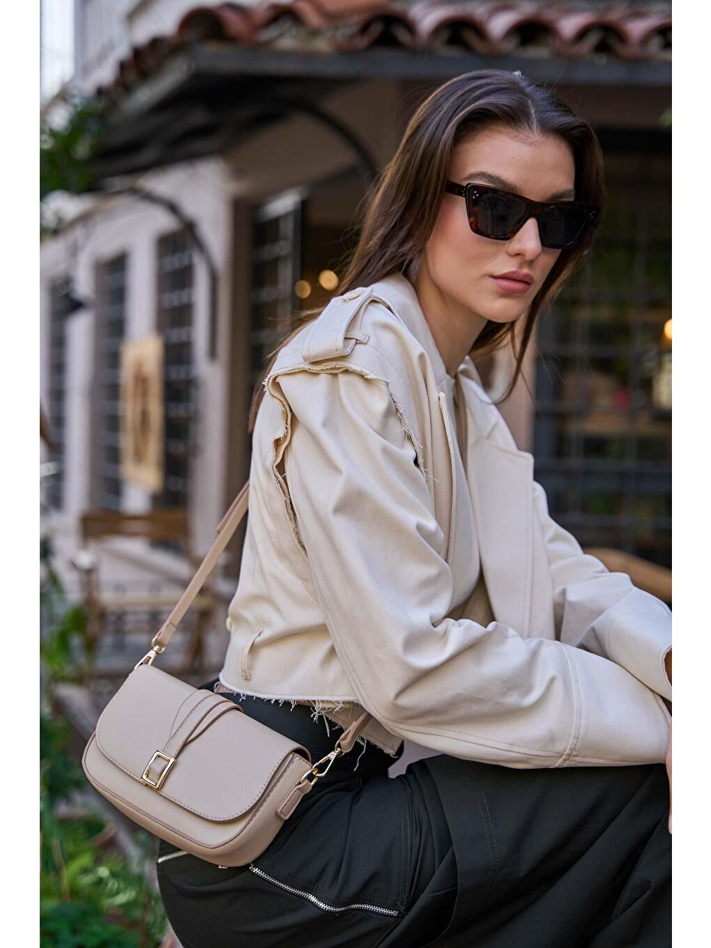 Bej Alina Tokalı Çapraz Askılı Kadın Çanta - Vizon-1