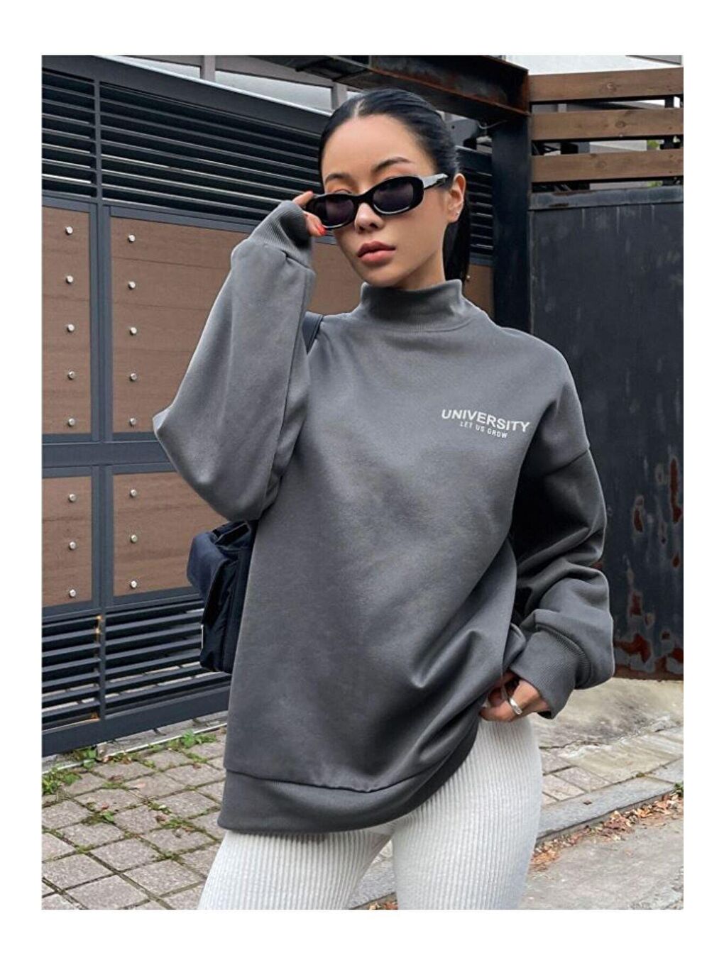 Trendseninle Gri Kadın Füme University Baskılı Boğaz Detay Sweatshirt - 2