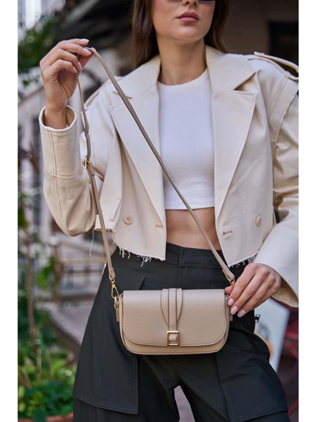 Bej Alina Tokalı Çapraz Askılı Kadın Çanta - Vizon-2