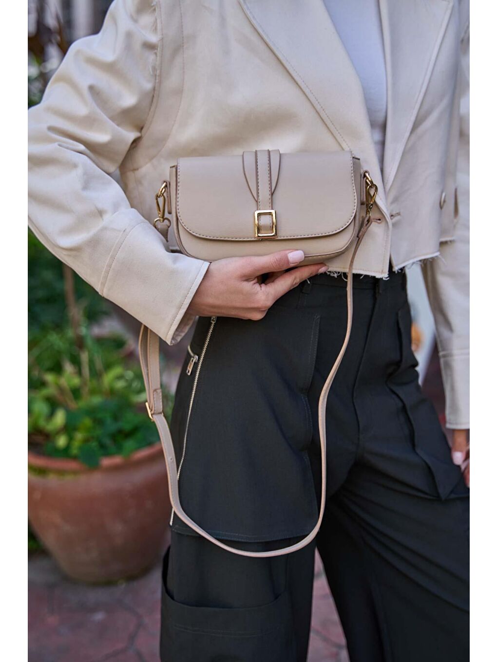 Bej Alina Tokalı Çapraz Askılı Kadın Çanta - Vizon-3