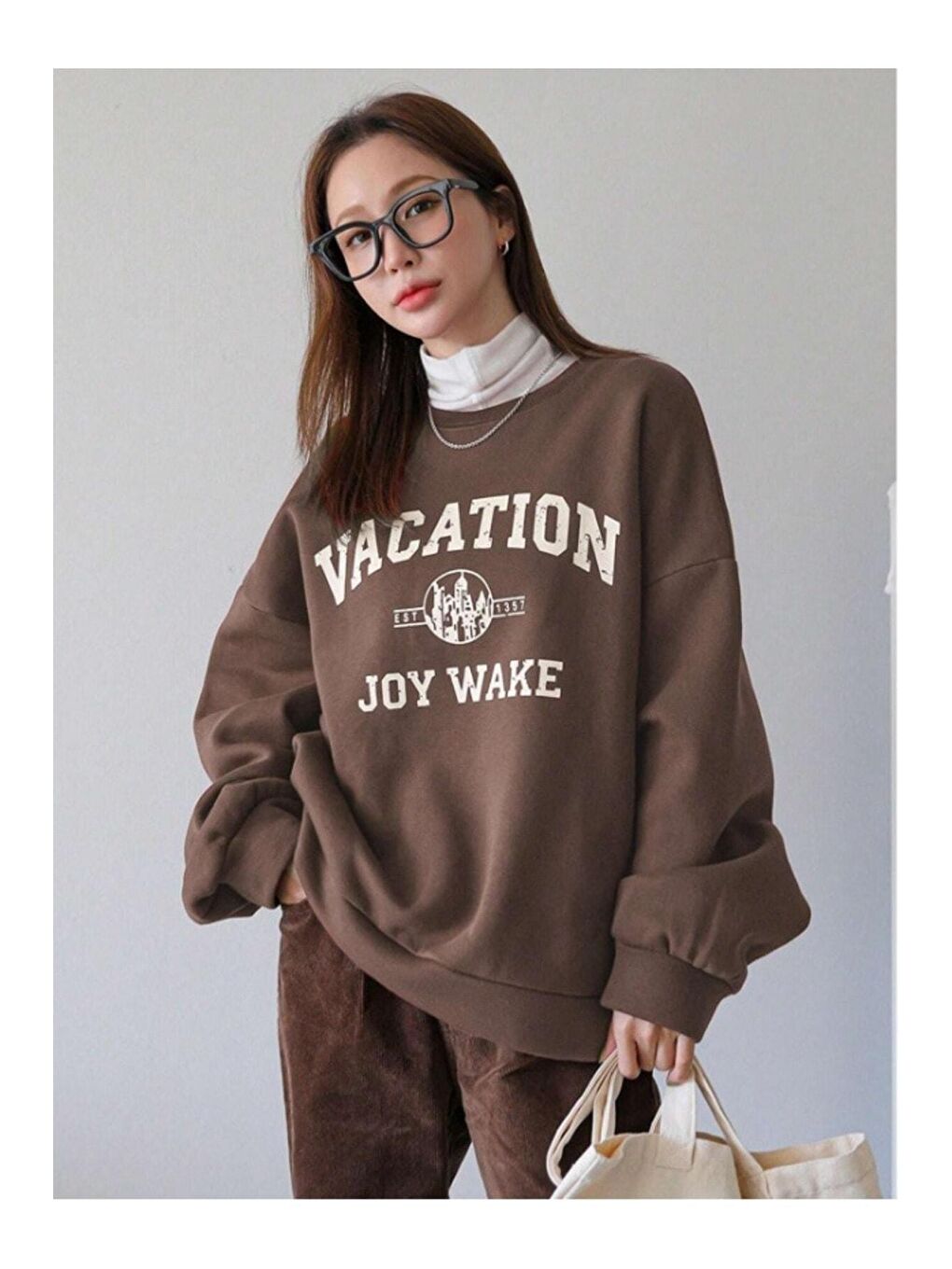 Trendseninle Kahverengi Kadın KAHVERENGİ Vacation Joy Wake Baskılı Oversize Bisiklet Yaka Sweatshirt - 2