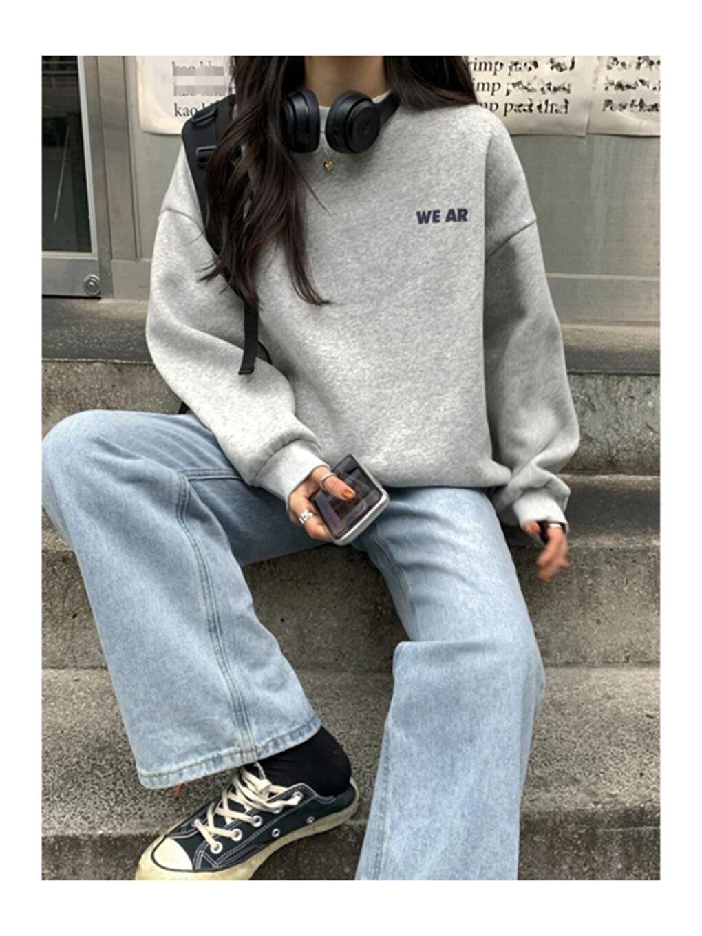 Trendseninle Gri Kadın GRİ We Ar Baskılı Oversize Bisiklet Yaka Sweatshirt - 2