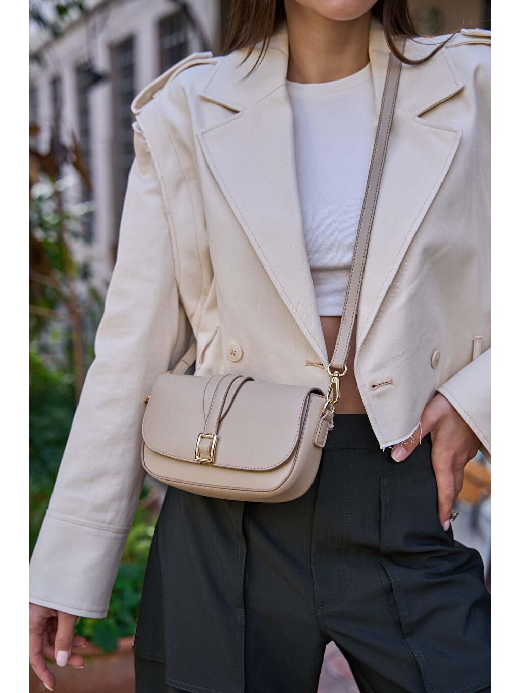 Bej Alina Tokalı Çapraz Askılı Kadın Çanta - Vizon-4