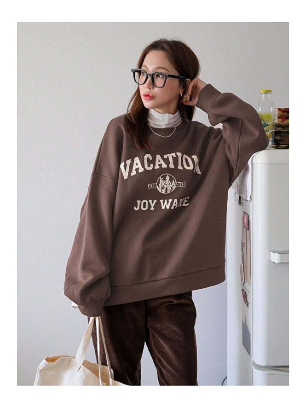 Trendseninle Kahverengi Kadın KAHVERENGİ Vacation Joy Wake Baskılı Oversize Bisiklet Yaka Sweatshirt - 3