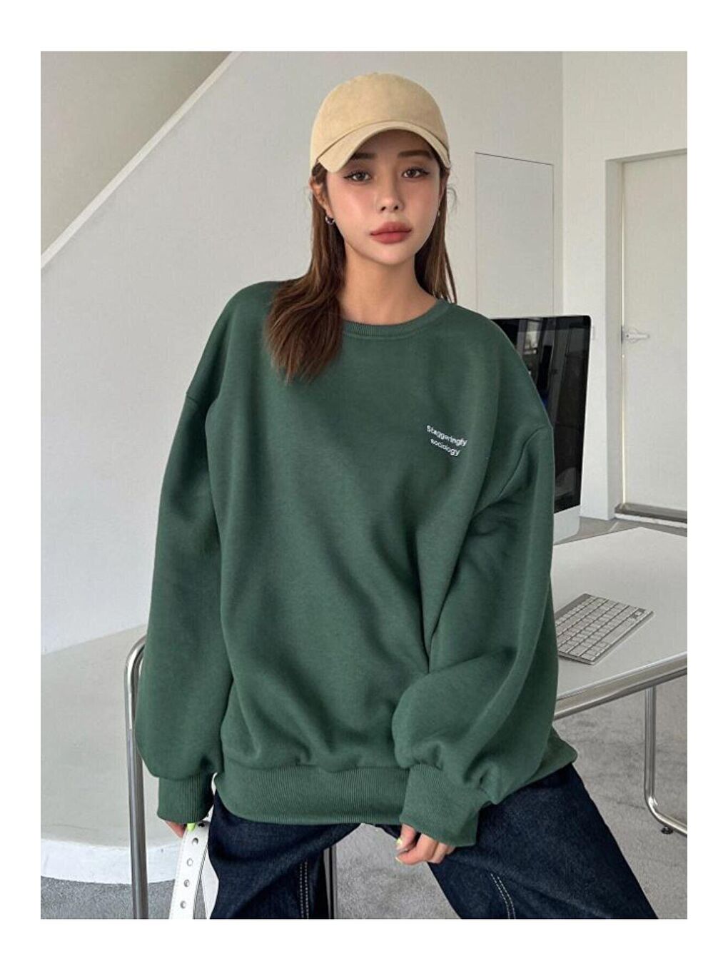 Trendseninle Yeşil Kadın YEŞİL Staggertly Baskılı Bisiklet Yaka Sweatshirt