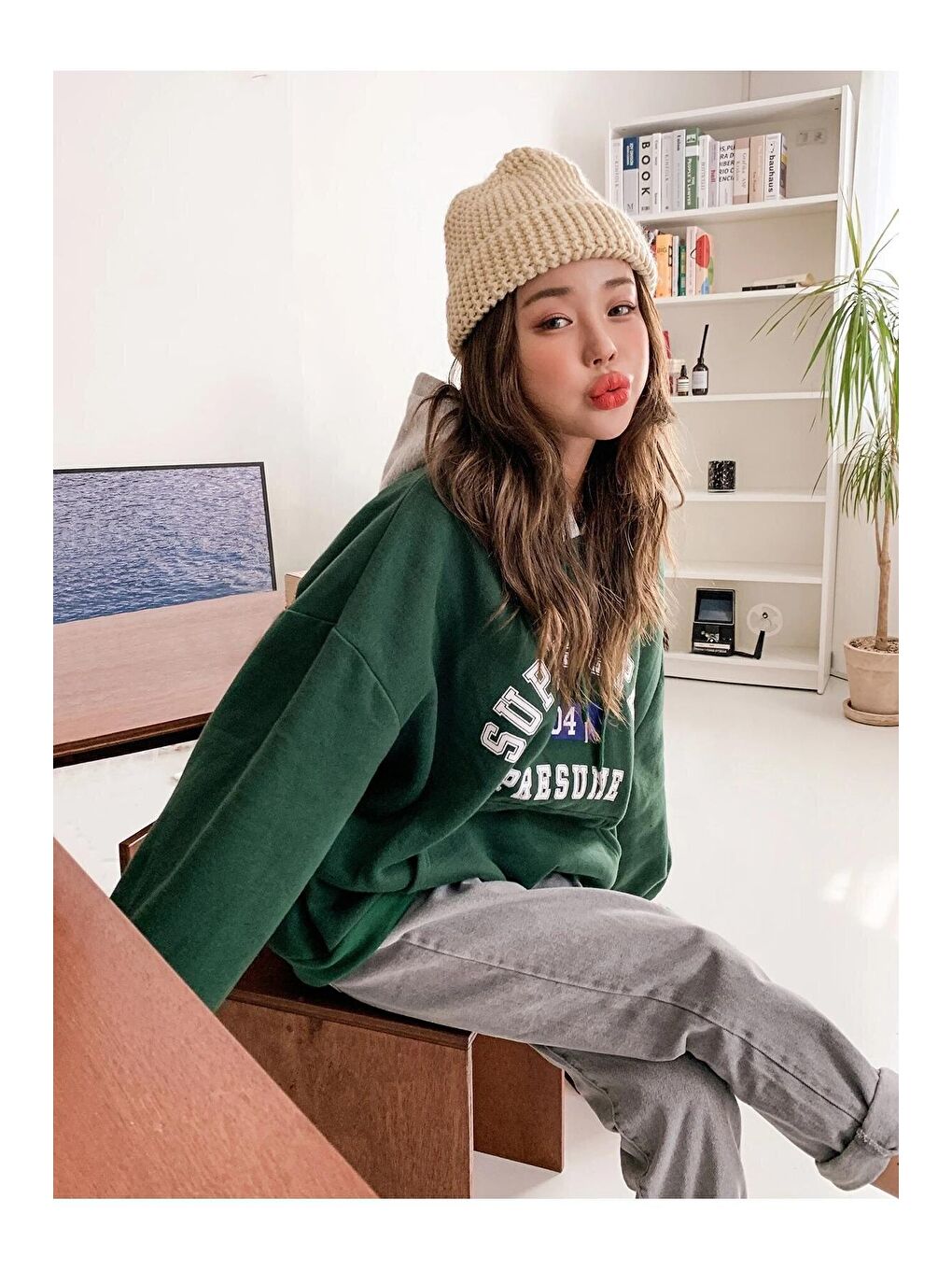 Trendseninle Yeşil Kadın YEŞİL Suppose Baskılı Oversize Sweatshirt - 1